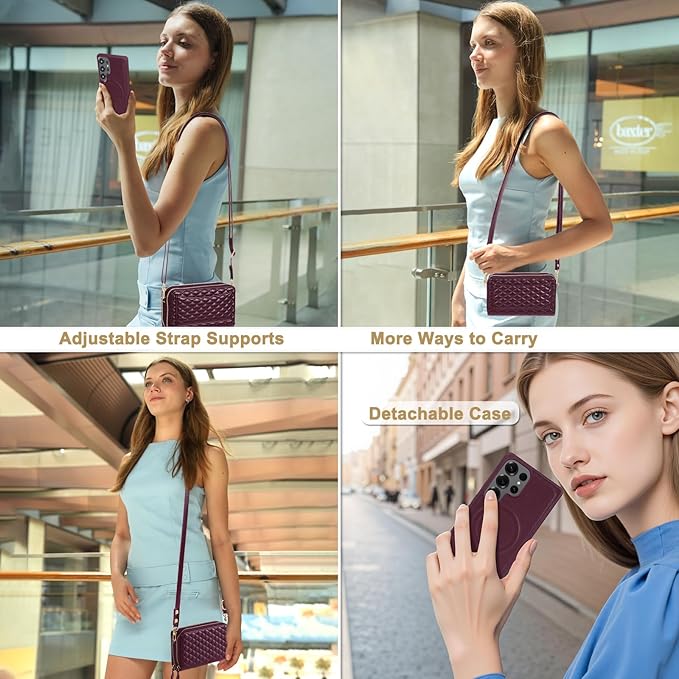 Harryshell Compatible with Samsung Galaxy S25 Ultra Case Wallet Multi Zipper Detachable Removable Cover Purse with Card Slots Holder Mirror Crossbody Strap (Compatible with Magsafe-Burgundy)