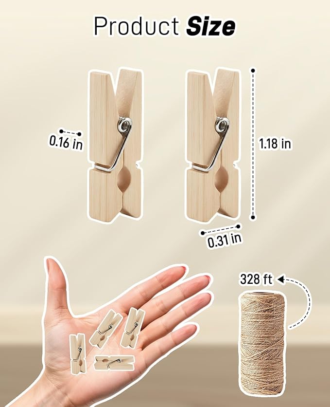 Gaahkai 200PCS 1.2" Picture Clips Wall Hanging with 328FT Photo String, Tiny Hanger Clothes Pins for Photos, Mini Clothespins Wooden for Baby Shower