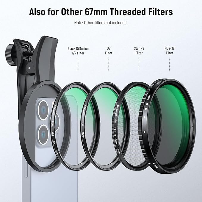 NEEWER 67mm ND Filter Set Compatible with iPhone, 7 Pack Clip On CPL Circular Polarizing + ND32 + Starlight + GND (Red/Orange/Yellow/Blue) Phone Camera Lens Photography Accessories Kit, FL-P12