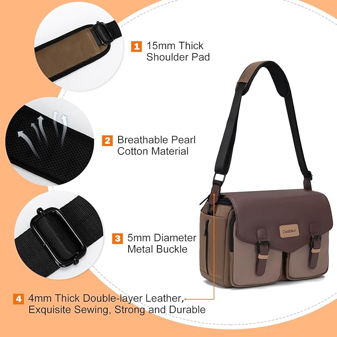 Cwatcun Camera Bag, Waterproof Flap Camera Crossbody Shoulder Messenger Case with Tripod Holder, Travel Photography Bag for Canon, Nikon, Sony, Fuji DSLR/SLR/Mirrorless Camera, Lens （Brown）, L