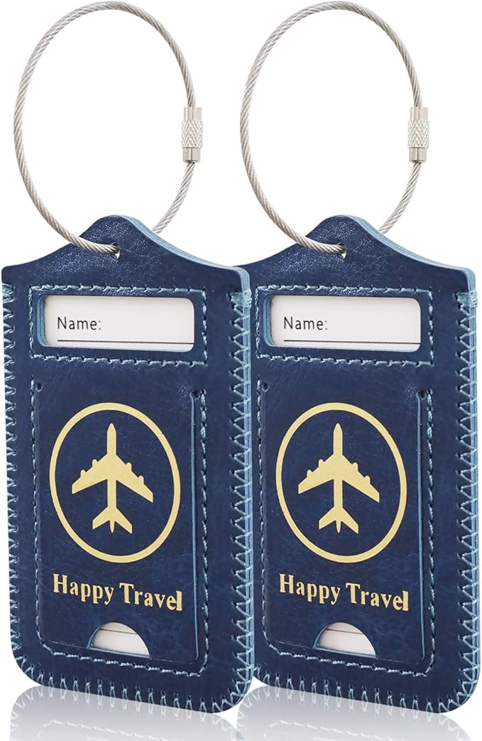 ACdream Luggage Tags 2 Pack, Leather Suitcase Tags Identifiers, Cute Cruise ID Labels with Privacy Cover fits on Backpack, Travel Bag, for Women, Men, Adults, Kids, Navy Blue