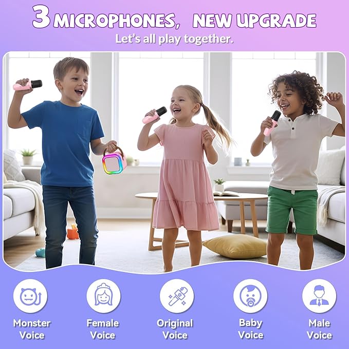 Upgraded Mini Karaoke Machine with 3 Wireless Microphones for Kids Girls Boys - Karaoke Party Speaker Christmas Birthday Gifts for 4 5 6 7 8 9 10 11+ Year Old - Kids' Instrument Accessories - Pink