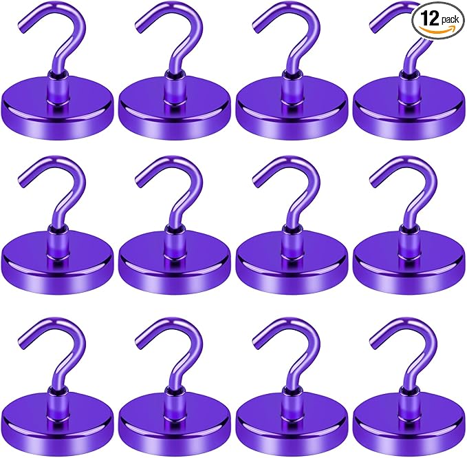 LOVIMAG Magnetic Hooks for Cruise Cabins, Cruise Essentials Must Haves, Cruise Magnets, Magnetic Key Holder, Strong Magnetic Hooks for Hanging, Fridge, Grill -12 Pack, 120lbs, Purple
