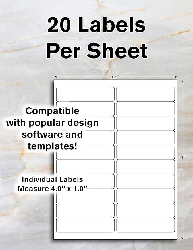 Blank Labels Address Barcode Shipping Labels - 4” x 1” - 20 Per Sheet - Permanent White Matte - Inkjet and Laser Guaranteed - Easy to Peel - Made in USA - 1000 Sheets - 20,000 Labels