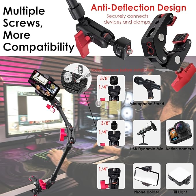22" Magic Arm w Clamp Mount, Adjustable Overhead Phone Mount Stand, Articulating Friction Boom Arm w Thread Adapter for Webcam Tripod Light Video Rig Camera