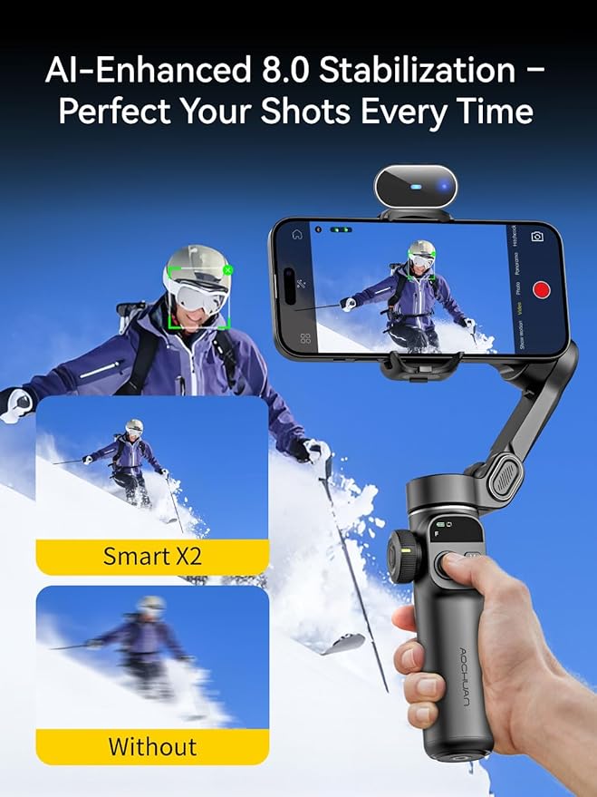 AOCHUAN Gimbal Stabilizer for iPhone with AI Tracking Sensor, Elevate Your Filming w/7.8" Extension Rod and OLED Screen for iPhone Gimbal, Gimbal w/8.0 Stability for Sports Shooting-Smart X2 AI Black