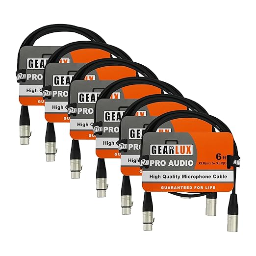 Gearlux XLR Microphone Cable, Fully Balanced, Male to Female, 6 Feet - 6 Pack