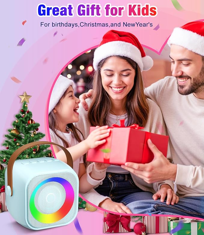 Mini Karaoke Machine, Portable Bluetooth Speaker with 2 Wireless Microphones for Kids & Adults, Karaoke Microphone with LED Lights, Gifts for Girls & Boys_Blue