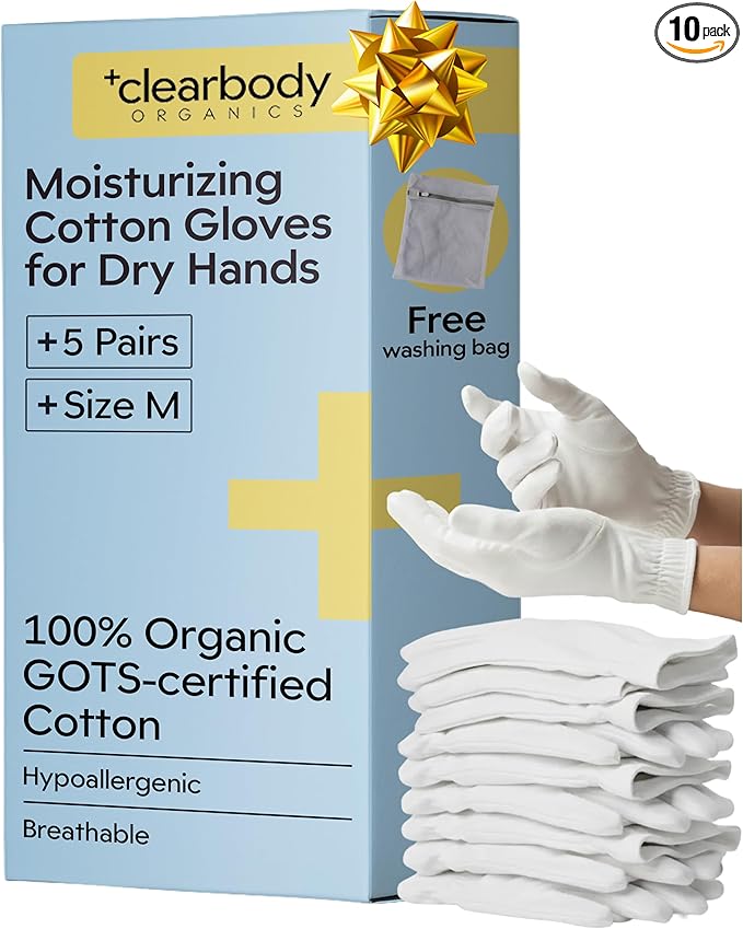 Clearbody Organics 100% Organic Cotton Gloves - 5 Pairs of White Hand Moisturizer Gloves, M - Sleeping Mitts for Dry Hands - Washable Cotton Liners for Men & Women