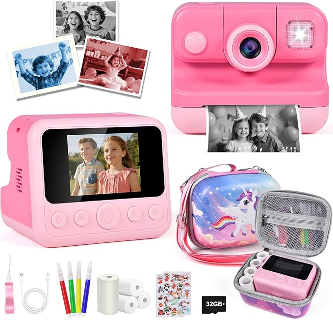 Kids Instant Print Camera with Carrying Bag, 1080P HD Girl Camera with 4 Print Paper Rolls, Color Pens & 32GB Card, Christmas Birthday Gifts Kids Girl Toys for 3-12 Years Old (Pink)