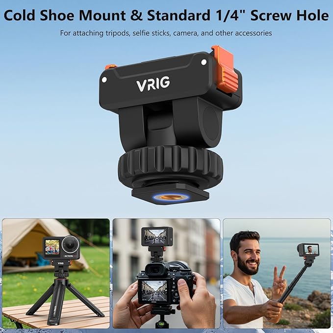 VRIG Cold Shoe Adapter Mount with Magnetic Quick Holder for DJI Osmo Action 5Pro, 180 Tilt Adjustable,Tripod Mount for Osmo 360,Cold Shoe Camera Adapter with 1/4" Screw Hole for Action 4/3