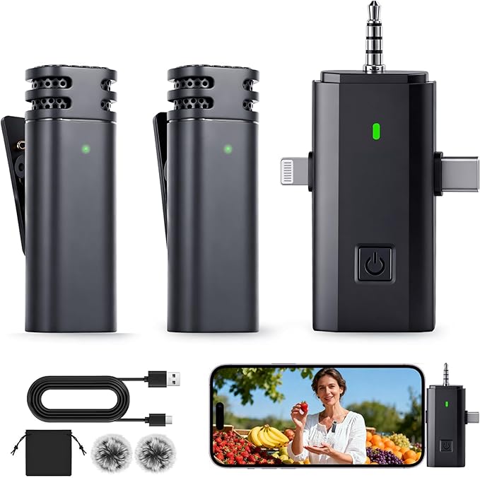 3-in-1 Mini Microphones: Wireless Lavalier Microphone with AI Noise Reduction for iPhone 15/14/13/12, Android, Cameras 12H Battery, Plug and Play Wireless Microphones for Vlog/YouTube/TikTok/Live