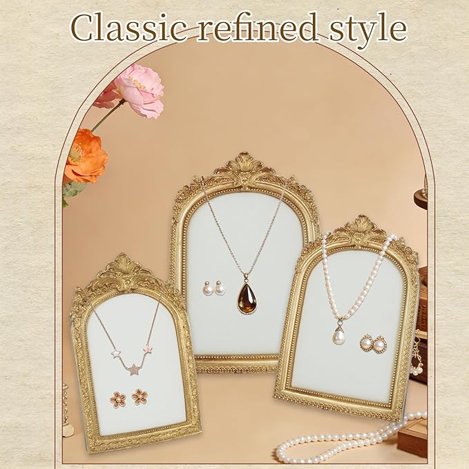 3 Pcs Gold Jewelry Display Stands with Velvet Earring Tray Frame Vintage Jewelry Holder Resin Photography Props Baroque Necklace Organizer for Women Weddings Valentine's Day Backing Gifts
