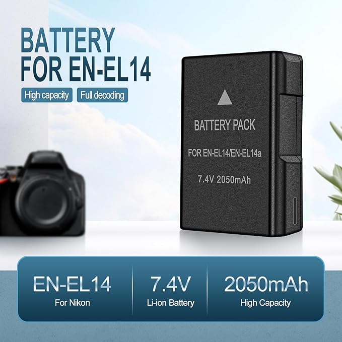 EN-EL14 / EN-EL14a Lithium Ion Battery Packs, 7.4V 2050mAh Compatible with Nikon D5100 D3200 D5300 D3100 D5200 D3300 D5500 D3400 Df D3500 D5600 P7000 P7100 P7700 P7800 Digital Camera (1 Pack)