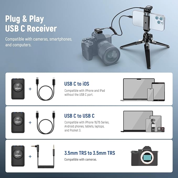 NEEWER KM18 Wireless Microphone with USB C Charging Case OTG 48KHz 24Bit 20H Battery 3.5mm TRS 150m Range Noise Cancelling Mini Lapel Lavalier Mic Compatible with Camera iPhone Android Phone Laptop PC