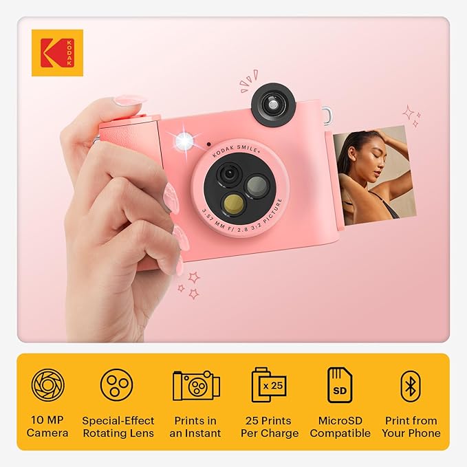 Kodak Smile+ 2-in-1 Digital Instant Print Camera & Wireless Bluetooth Photo Printer - 10MP, Special-Effect Rotating Lens, Zink 2x3” Sticky-Back Photos, Print via Fun App from Smart Devices - Pink
