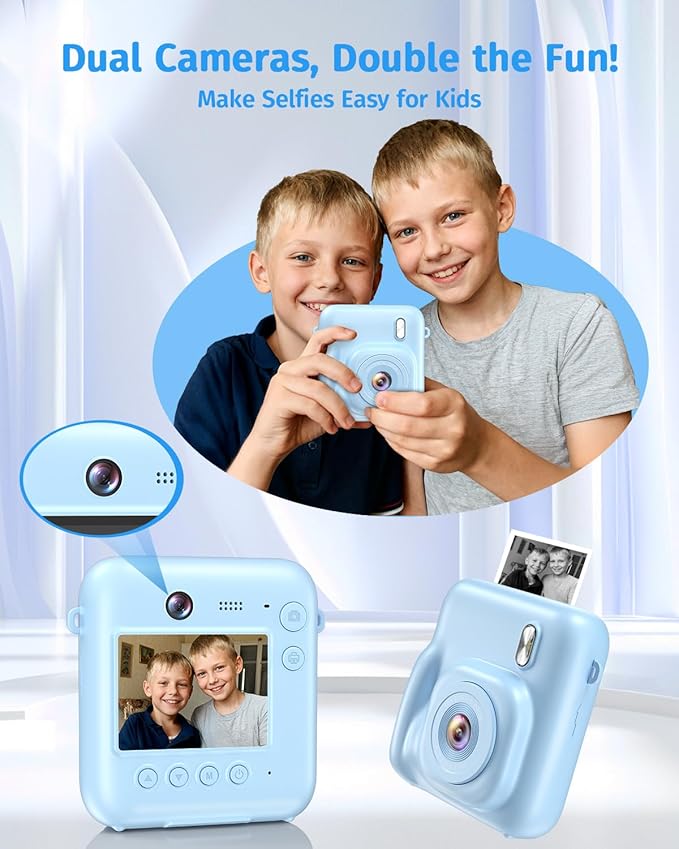 Instant Camera, Dual-Lens Kids Camera Instant Print for Boys Girls Christmas Birthday Gifts, 1080P Digital Cameras for Kids Teens with Print Paper, 32GB Card, Toddle Toy for Age 4-12 Years(Blue)
