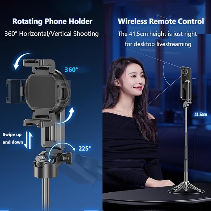 Mini Magnetic Selfie Stick,Multifunctional Magnetic Selfie Stick with Wireless Remote,360° Rotation Phone Selfie Stick Tripod for Video Recording&Vlogging-Portable Travel