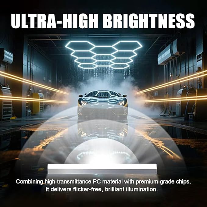 Hexagon Garage Lights with Multi-Coloured Rectangle Frame, High Bright 6500K 14 Grid Hexagon LED Ceiling Light Colourful Hexagonal Garage Light For Car Decoration, Workstation and Workshop Lighting