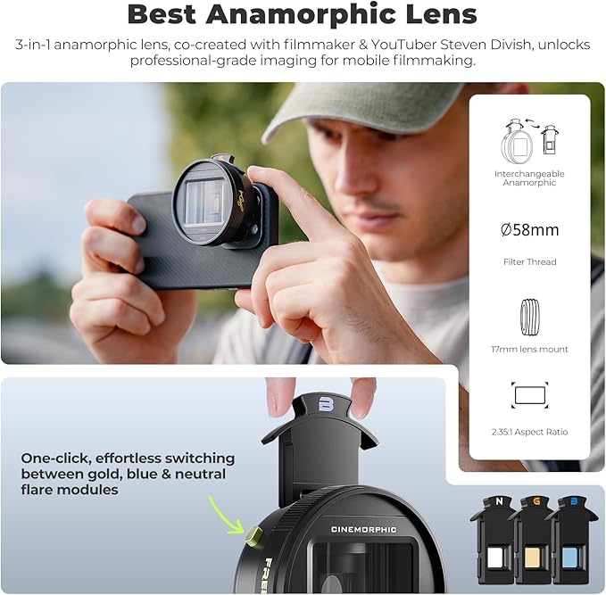 Freewell 1.33x Anamorphic Lens for iPhone & Samsung - 3 Flare Colors in One Lens (Neutral, Gold, Blue) - Cinematic Smartphone Lens with Oval Bokeh - Compatible with 17mm Mount Phone Case & Cage.