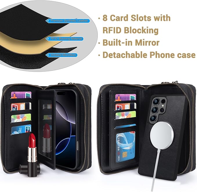 Harryshell Compatible with Samsung Galaxy S25 Ultra Case Wallet Multi Zipper Detachable Removable Cover Purse with Card Slots Holder Mirror Crossbody Strap (Compatible with Magsafe - Black)