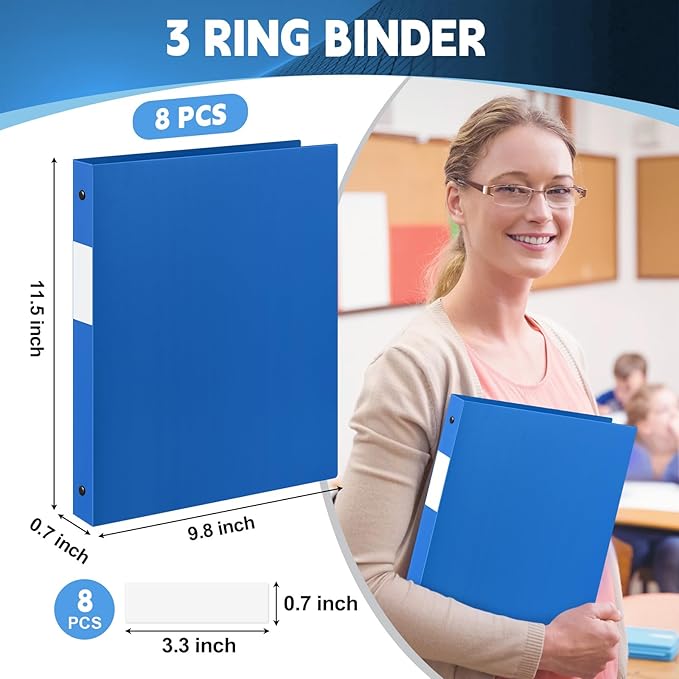 Henoyso 8 Pcs 3 Ring Binder 1/2'' Round Fits Letter Size 8.5'' x 11'' Paper Plastic Flexible Binder Holds 140 Sheets with 1 Pockets Versatile Organizer for Home Office School (Blue)