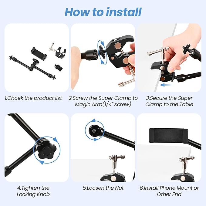 11’’ Magic Arm Super Clamp Kit 1/4" & 3/8" Screws, Small Rig Arm with Crab Clamp for DSLR,Phone,Monitor,Flash,LED Light,Camera Cage, Action Cam,360° Rotating, Table Mount