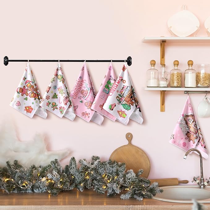 Preboun 6 Pcs Merry Christmas Kitchen Towels Gingerbread Decorative Hand Towels Sweet Cute Pink Dish Cloth Farmhouse Xmas Tea Cloth Kitchen Accessories Bathroom Decor