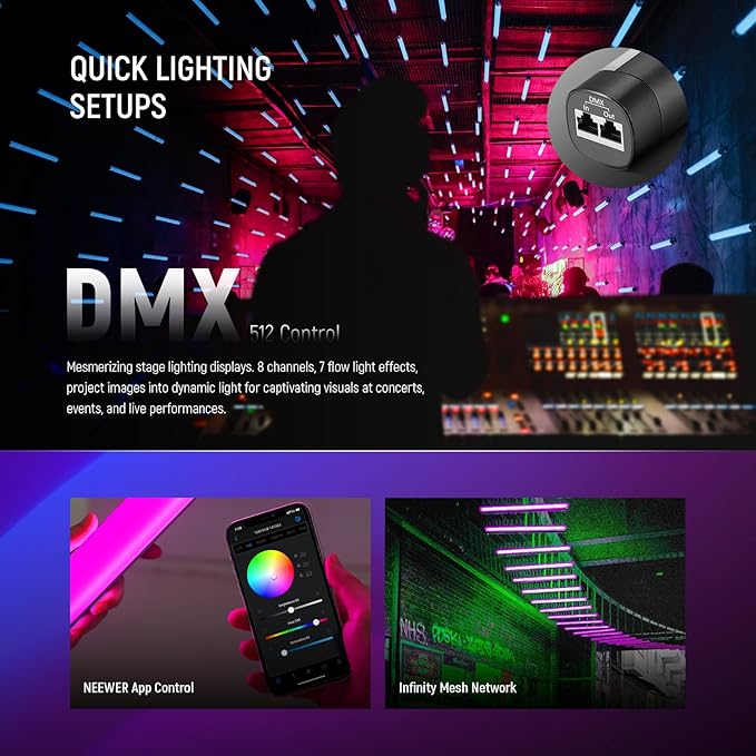NEEWER TL60 RGB Tube Light, 20W Full Color LED Video Wand, APP/2.4G/DMX Control, 7 Pixel Effects 2500-10000K CRI97+, Radio Frequency, with Adapter, Mount, Cable, Bag