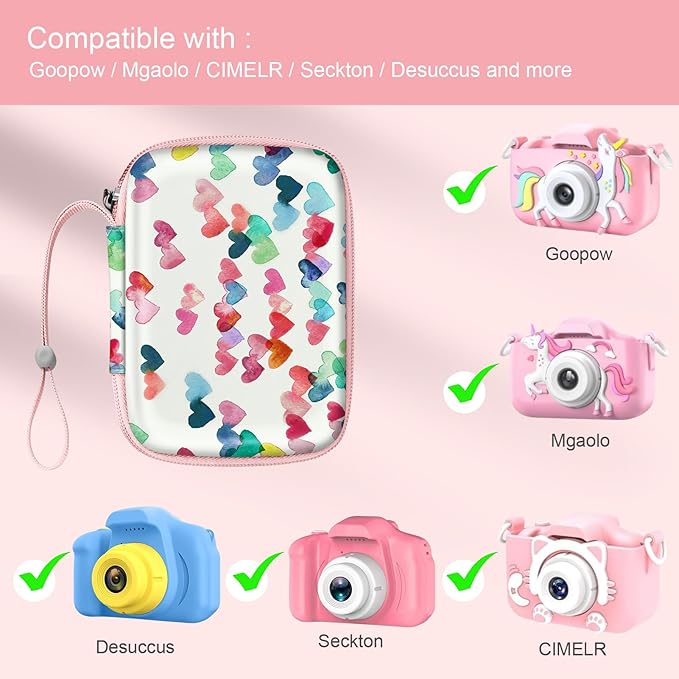 FINTIE Kids Camera Case Compatible with Goopow/Seckton/Dylanto/Mgaolo/Masterbee/CIMELR/Desuccus Kids Digital Camera Toys, Children Carrying Bag, Birthday Festival Gift, Raining Hearts