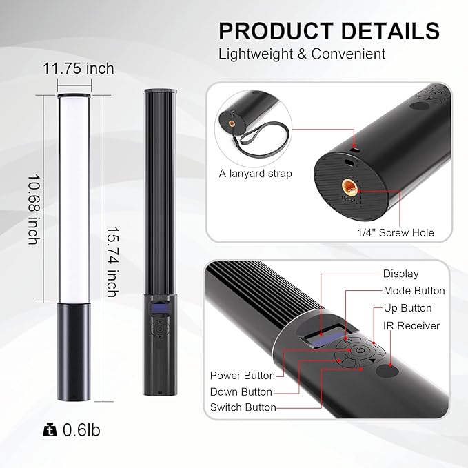 LUXCEO RGB LED Video Light Wand, Handheld Photography Light Stick with Remote Control, Dimmable 2500K-6500K CRI97+ Full-Color LED Light with 2500mAh Built-in Battery, 12 Light Scenes