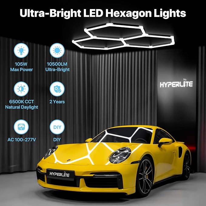 HYPERLITE Gen 2 Hexagon LED Lights: 105W 10500LM 3 Grids DIY Hexagon Led Lights, 6500K Ultra Bright, Easy Install, Durable Design for Garage, Car Detailing, Workshops, Basement, Gym
