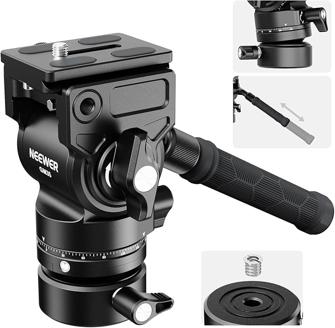 NEEWER Tripod Fluid Head with +/-7° Leveling Base (φ48mm), Metal Mini Pan Tilt Video Head Mount with Arca Type QR Plate, Telescopic Handle for Compact Video Camera DSLR Camera, Max Load 11lb/5kg, GM35