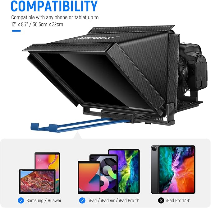 NEEWER X12 Aluminum Teleprompter with RT-110 Remote Control (Connected via Bluetooth on NEEWER Teleprompter App) & Carry Case, Compatible with iPad, iOS/Android Tablets, Smartphones, DSLRs (Black)