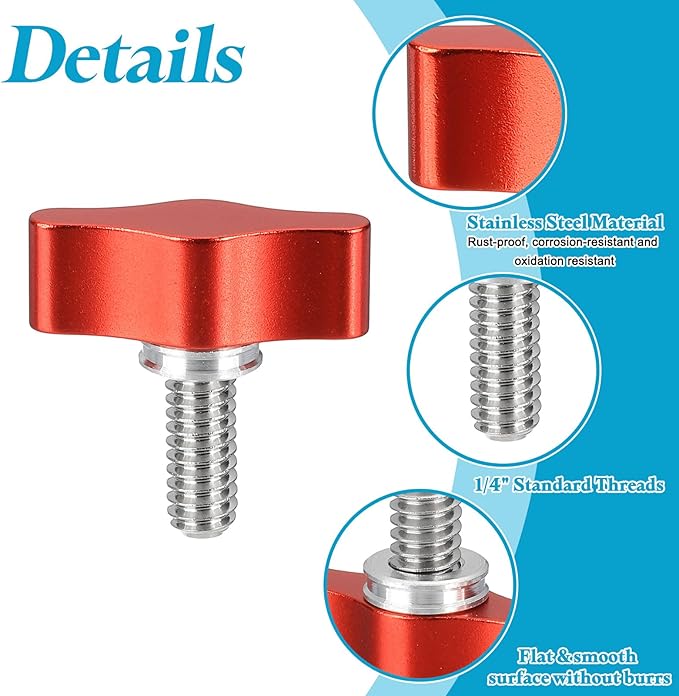 PATIKIL Clamping Screw Knob 1/4" x 1.14", 2Pcs Stainless Steel t Shaped Camera Thumb Screws for DSLR Flash Bracket Photography Light Stand Adapter Action Sports Camera Mounting System, Red