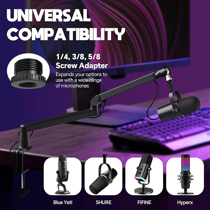 Microphone Boom Arm, Low Profile Mic Arm with 360° Rotation, Cable Management, Extended Riser, Mic Clip, Microphone Stand for Blue Yeti HyperX QuadCast Shure Elago, Black
