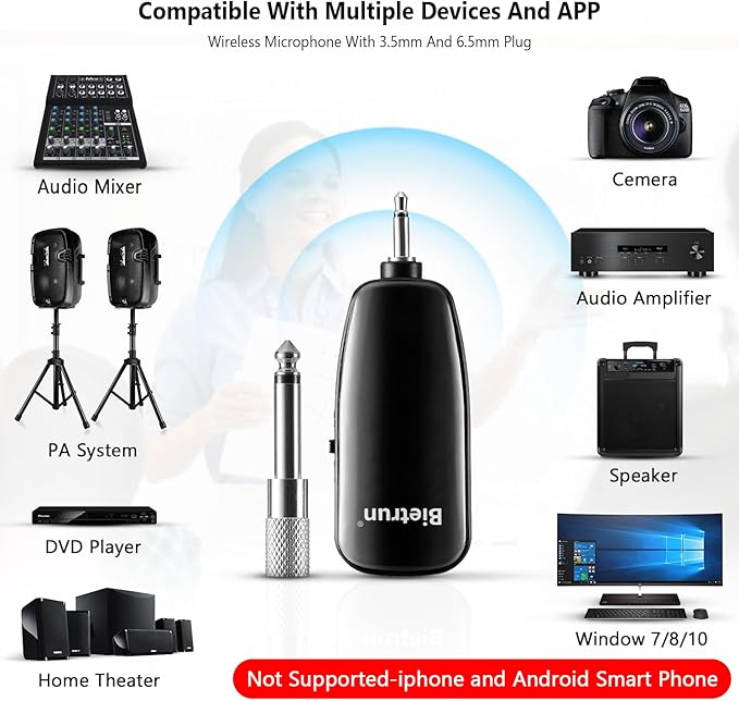 Bietrun Wireless Microphone Headset, UHF Wireless Headset Mic System, 160ft Range,1/8'' and 1/4'' Plug, for Speakers, Voice Amplifier, PA System(Not Supported AUX/iOS)