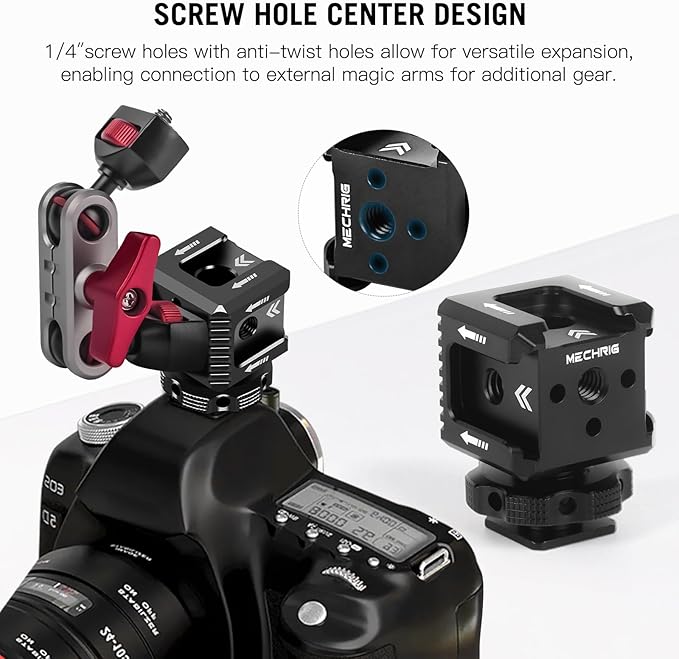 Triple Cold Shoe Mount with 1/4" Thread, Aluminum Camera Hot Shoe Extension Bracket with 3 Port Cold Shoe Mounts for LED Video Light Monitor Microphone Camera Cage (62011)