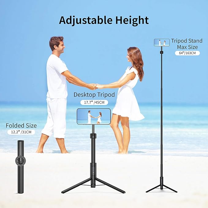SEAJIC Magnetic Phone Tripod for iPhone 64" Selfie Stick with Remote and Metal Ring, Automatic Pop-up MagSafe Travel Tripod for Cell Phone Video Recording/Photography/Vlogging (Balck)
