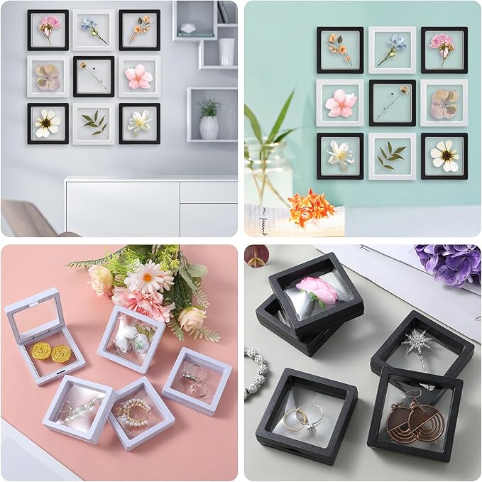 60 Pcs 3D Floating Display Case 2.8 x 2.8 x 0.8 Inch Coin Frame Display Holder Stands for Antique Challenge Coins, Jewelry, Shells, Gems, Minerals, Rocks, Specimen, Pins(Black,White)