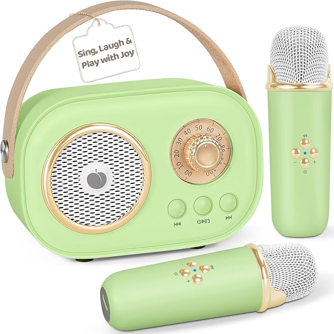 PRUNUS C20 Mini Karaoke Machine,Valentines Day Gifts for Her Him Kids Mens,Portable Bluetooth Speaker with 2 Wireless Microphone for Boys Girls 3-12+ Years Old Birthday Party Green