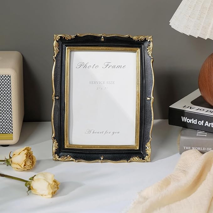 Cuspin 5x7 Picture Frame Black and Gold Frames, Vintage Ornate Textured Hand-Crafted Resin Photo Frame with Glass Front, Decorative Picture Frame for Wall & Tabletop, Retro Frame Home Decor