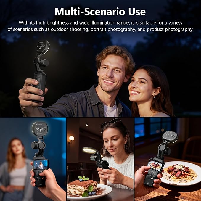 AMAZEAR LED Light for DJI OSMO Pocket 3 Accessories, Auto-Follow Gimbal Selfie Vlog Video Auxiliary Fill Lighting, CRI≥95, 3-Color Temp 2500-5600K Brightness Adjustable, 500mAh 1.6W USB-C