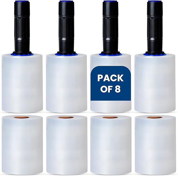 International Plastics Co. 5" Plastic Stretch Film Wrap with Extended Handles 1000ft Each 500% Stretch Clear Cling Durable Adhering Packing Moving Packaging Heavy Duty Shrink (5", 8 Pack)