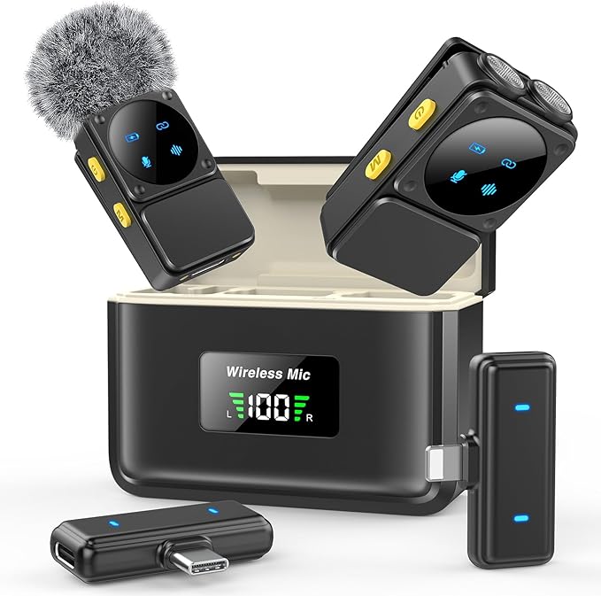 Dual Receivers Mini Microphone for iPhone, iPad, Android, Wireless Lavalier Microphone with Intelligent Noise Reduction, 48H Battery Life, 164FT, Double Lav Mics for Video Recording, YouTube, TikTok