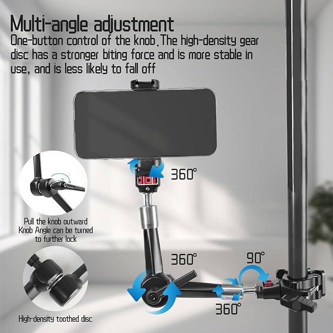 FIFIELD CNC Machined 7" Articulating Magic Arm Clamp Mount with Super Clamp, 360° Dual Ball Head & 1/4" ARRI Locating Pin&Holes, Heavy-Duty Camera Monitor Mount for Camera, Phone, LED Light, Phone,7"