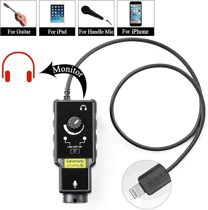 Microphone Preamp Compatible with IOS Devices Livestream, Saramonic XLR Lghtning Mic & Guitar Interface Compatible with iPhone 11 X 8 7 7s iPad iPod Touch Guitar Acoustic Devices Youtube Video