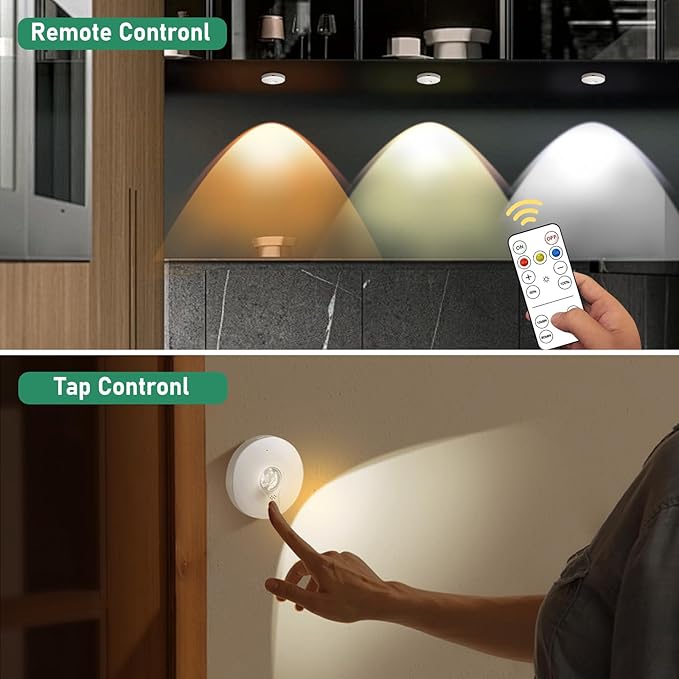 Rechargeable Puck Lights,LED Under Cabinet Counter,2000mAh Battery Operated Tap Stick on Lights,Touch&Remote Controls Dimmable Wireless Closet Light for Kitchen (White-3color, 6)