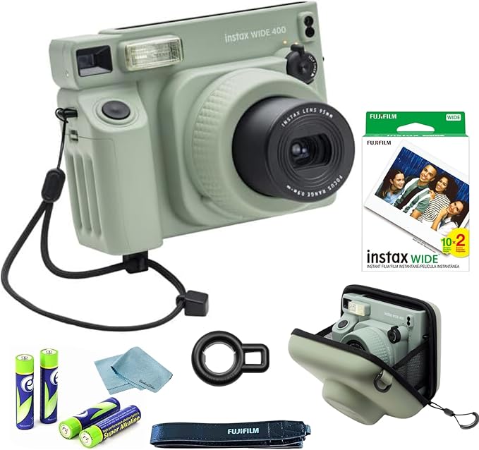 FujiFilm Instax Wide 400 Instant Camera Bundle - Includes Twin Pack Wide Frame Film, BluebirdSales Protective Carrying Case, Cleaning Cloth, and 4 AA Batteries - Portable - Perfect for Travel & Events