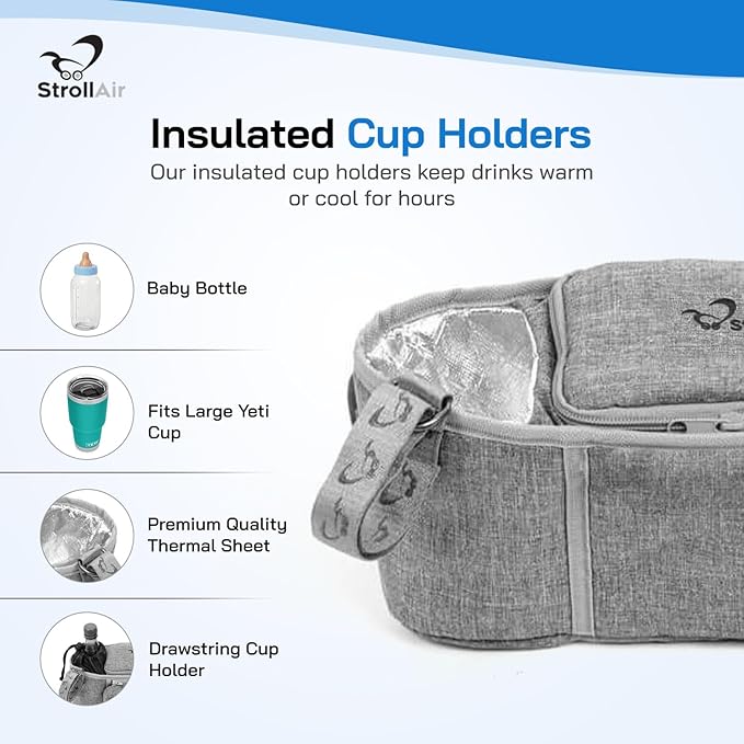 StrollAir Double Parent Stroller Organizer with Insulated Cup Holder Caddy - Universal Fit for Mountain Buggy, Twin Way, Bob Duallie, Baby Jogger City Mini GT (Grey)